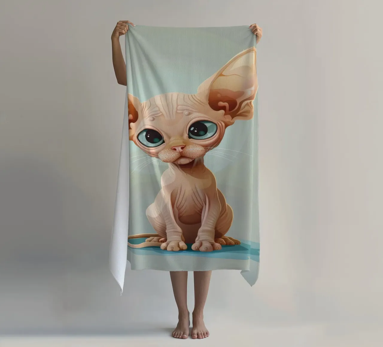 Simpatico gatto senza pelo con occhi grandi e orecchie sporgenti telo mare da DesignDoodle