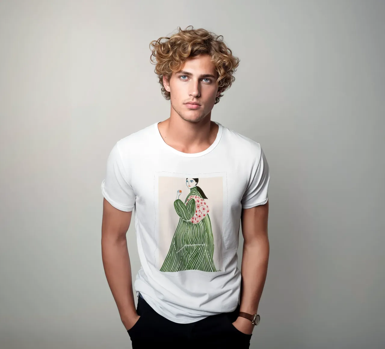 rayures femme motif fleuri cheveux longs vert t-shirt de William Allen