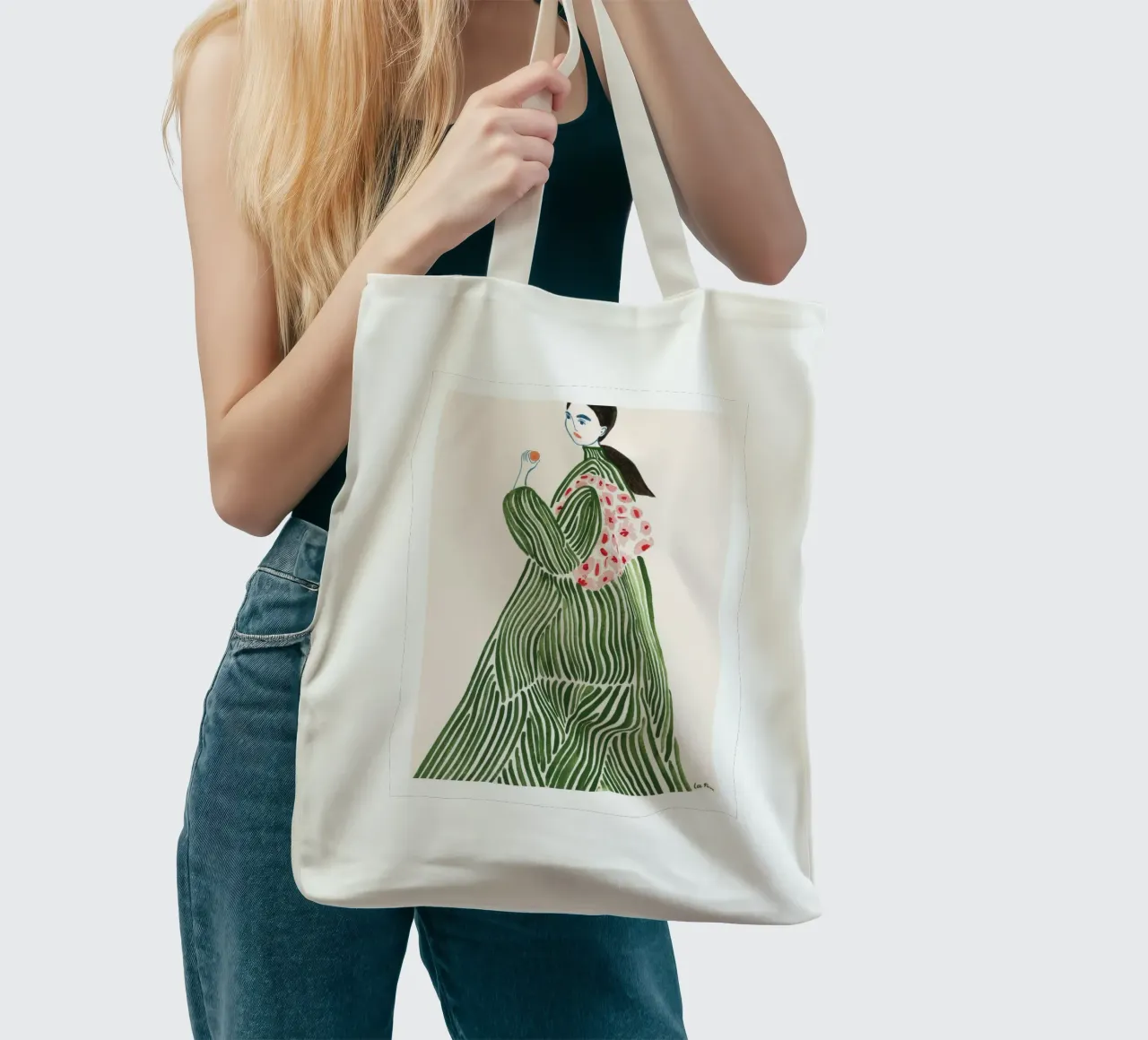 rayures femme motif fleuri cheveux longs vert tote bag de William Allen