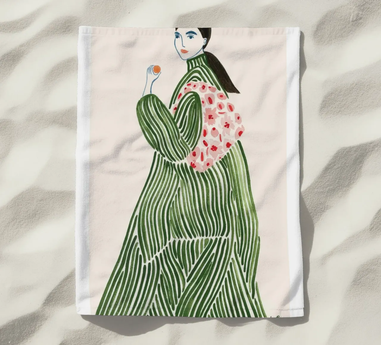 rayures femme motif fleuri cheveux longs vert serviette de plage de William Allen
