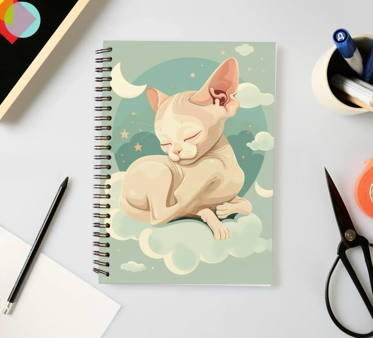 Artistic depiction of relaxed cat resting on clouds spiral notebook by DesignDoodle