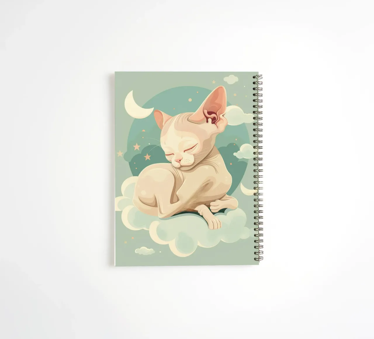 Artistic depiction of relaxed cat resting on clouds spiral notebook by DesignDoodle