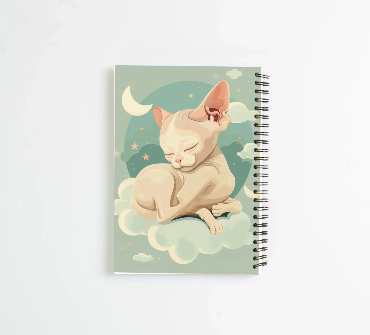 Artistic depiction of relaxed cat resting on clouds spiral notebook by DesignDoodle