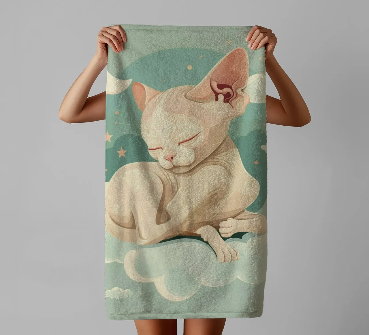 Artistic depiction of relaxed cat resting on clouds towel by DesignDoodle