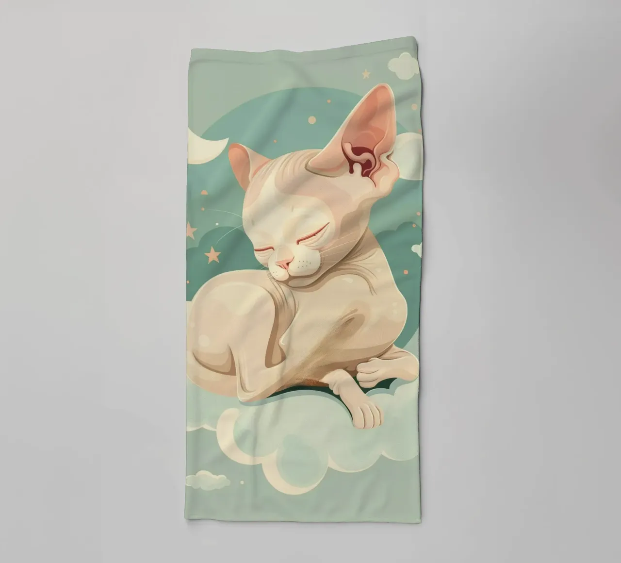 Artistic depiction of relaxed cat resting on clouds towel by DesignDoodle
