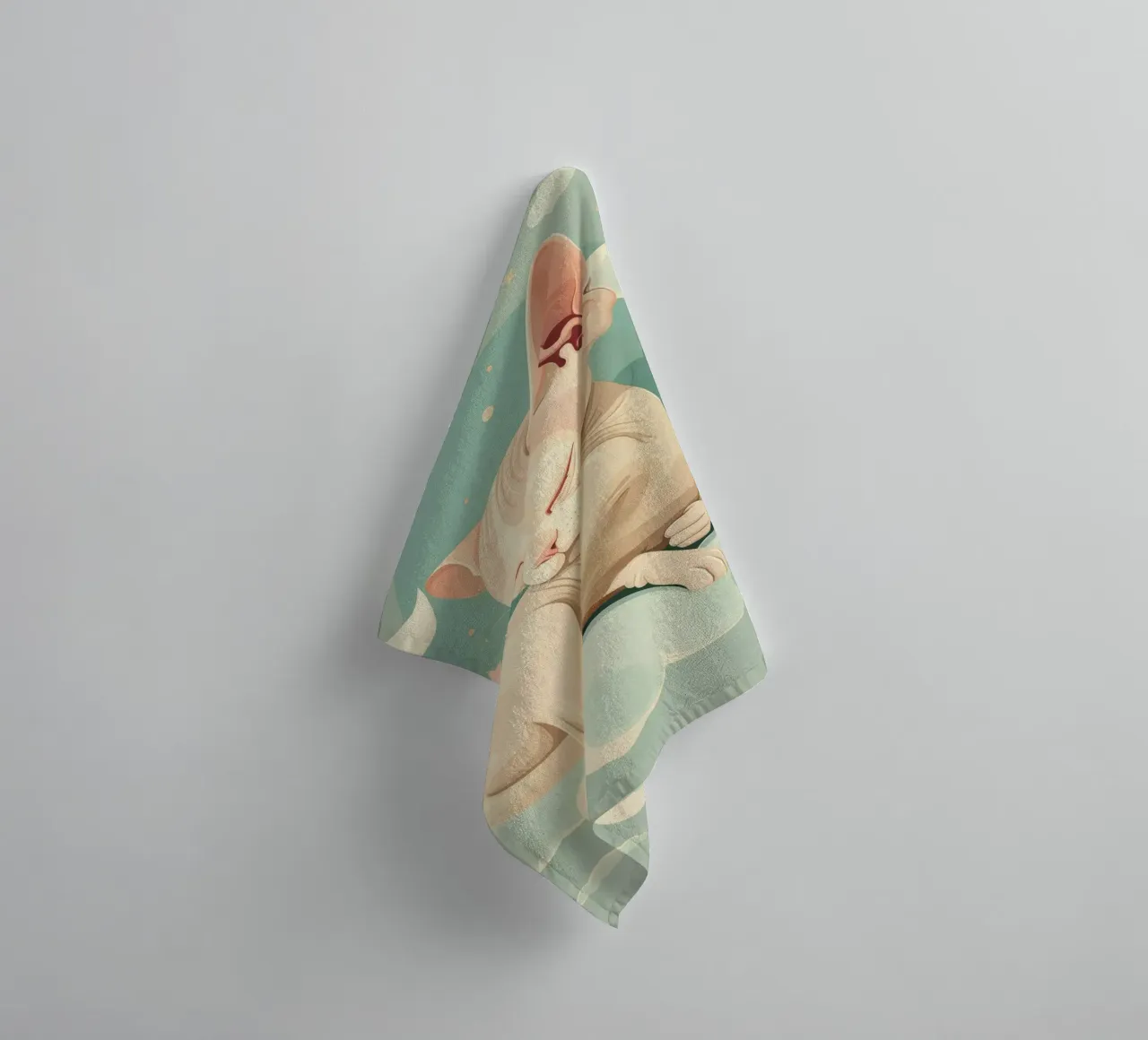 Artistic depiction of relaxed cat resting on clouds towel by DesignDoodle