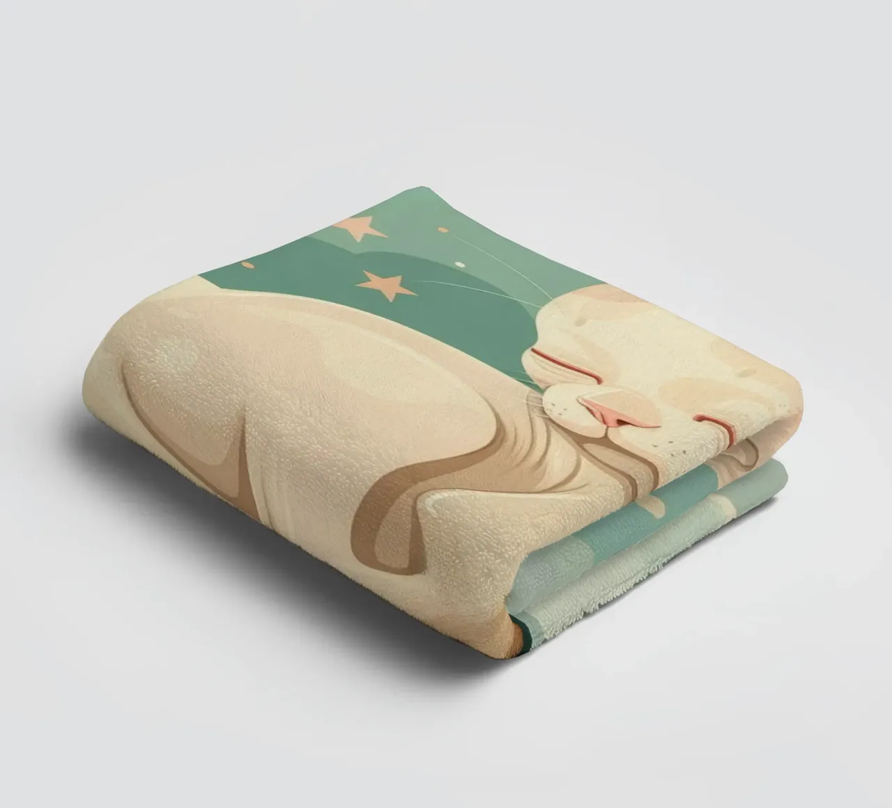Artistic depiction of relaxed cat resting on clouds towel by DesignDoodle