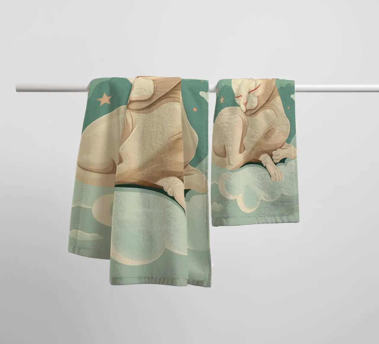 Artistic depiction of relaxed cat resting on clouds towel by DesignDoodle