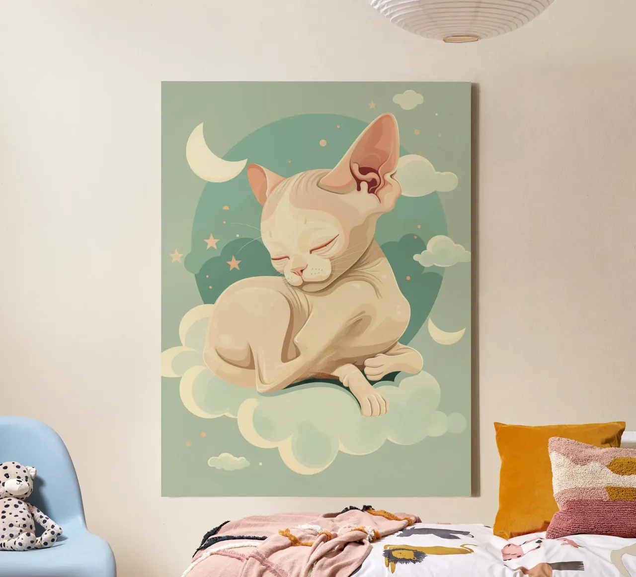 Artistic depiction of relaxed cat resting on clouds canvas with Floater frame by DesignDoodle