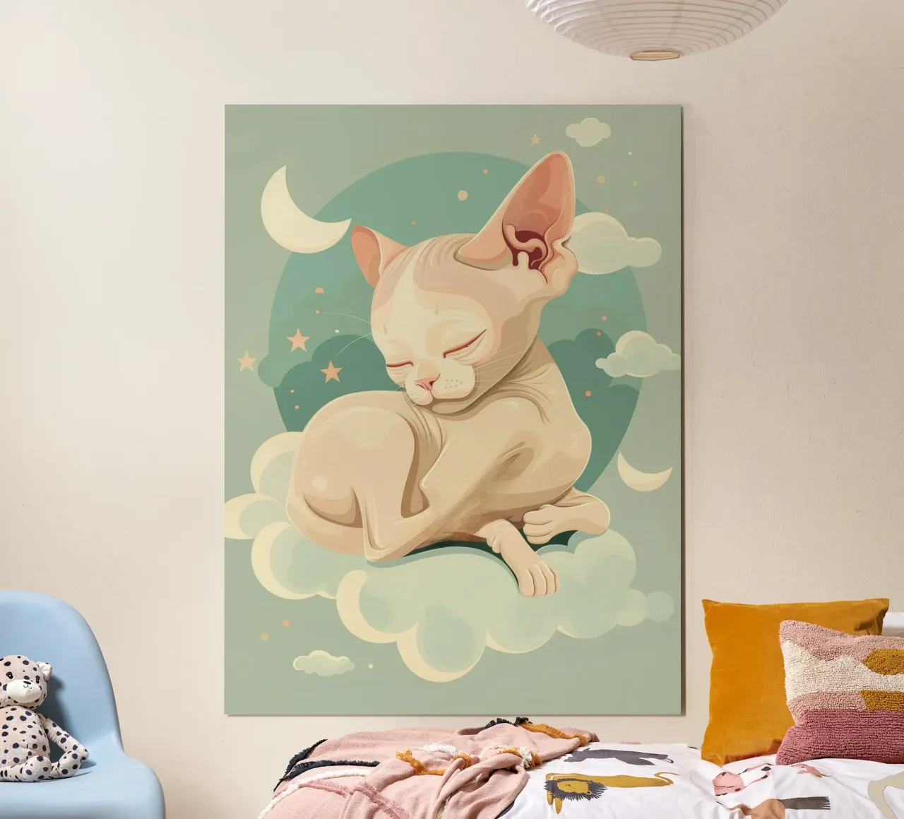 Artistic depiction of relaxed cat resting on clouds poster by DesignDoodle