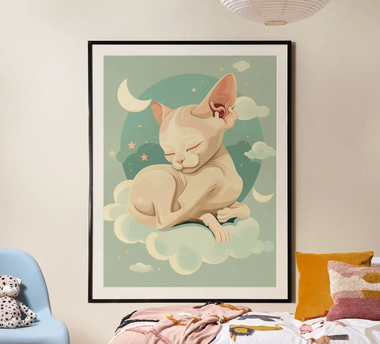 Artistic depiction of relaxed cat resting on clouds poster by DesignDoodle