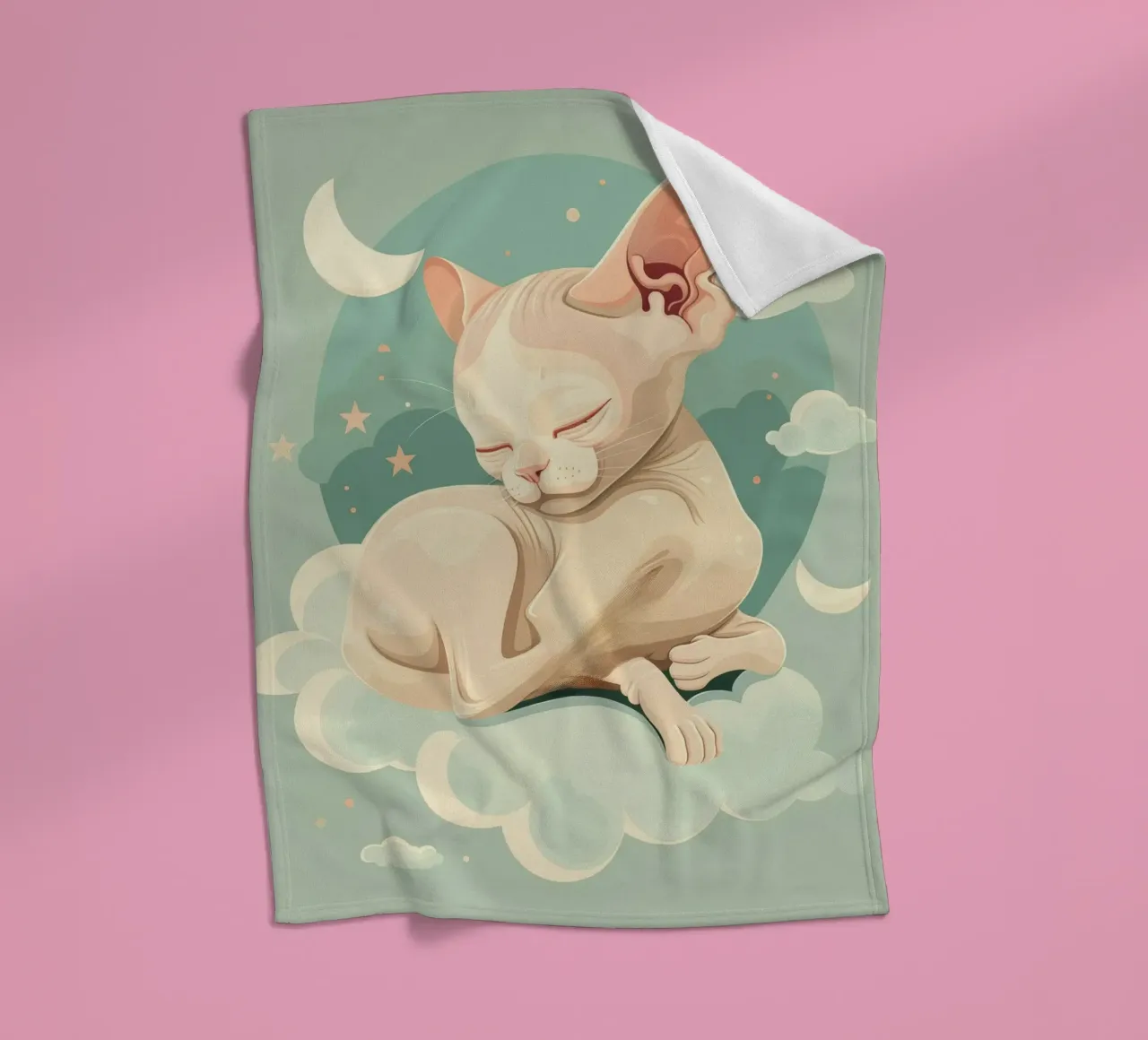 Artistic depiction of relaxed cat resting on clouds fleece blanket by DesignDoodle
