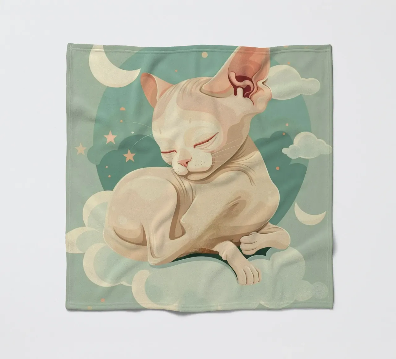 Artistic depiction of relaxed cat resting on clouds fleece blanket by DesignDoodle