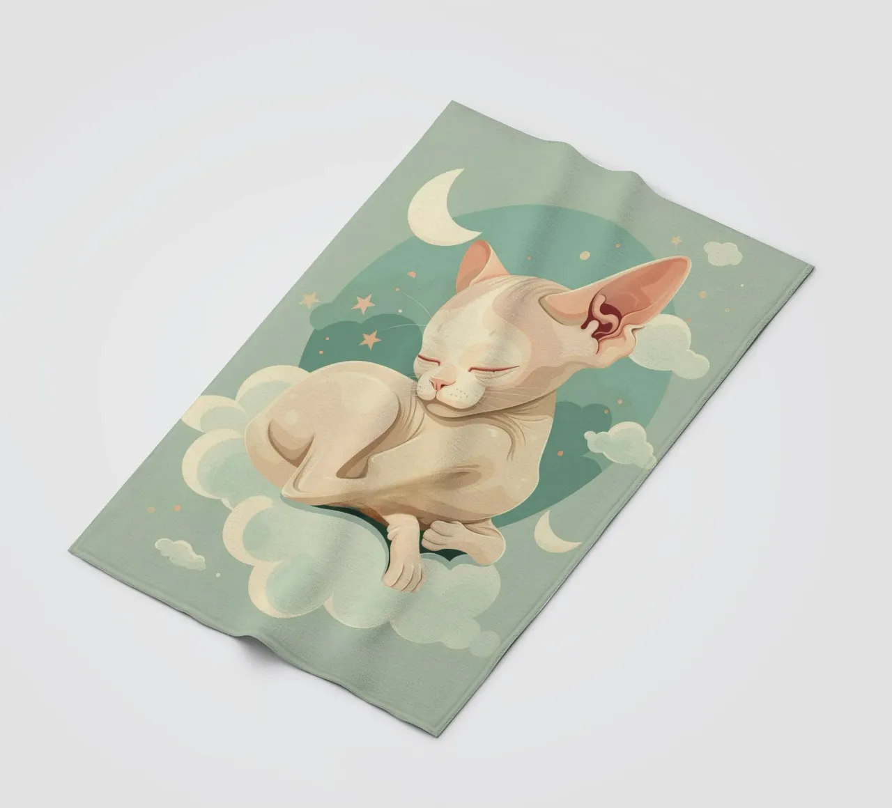 Artistic depiction of relaxed cat resting on clouds fleece blanket by DesignDoodle