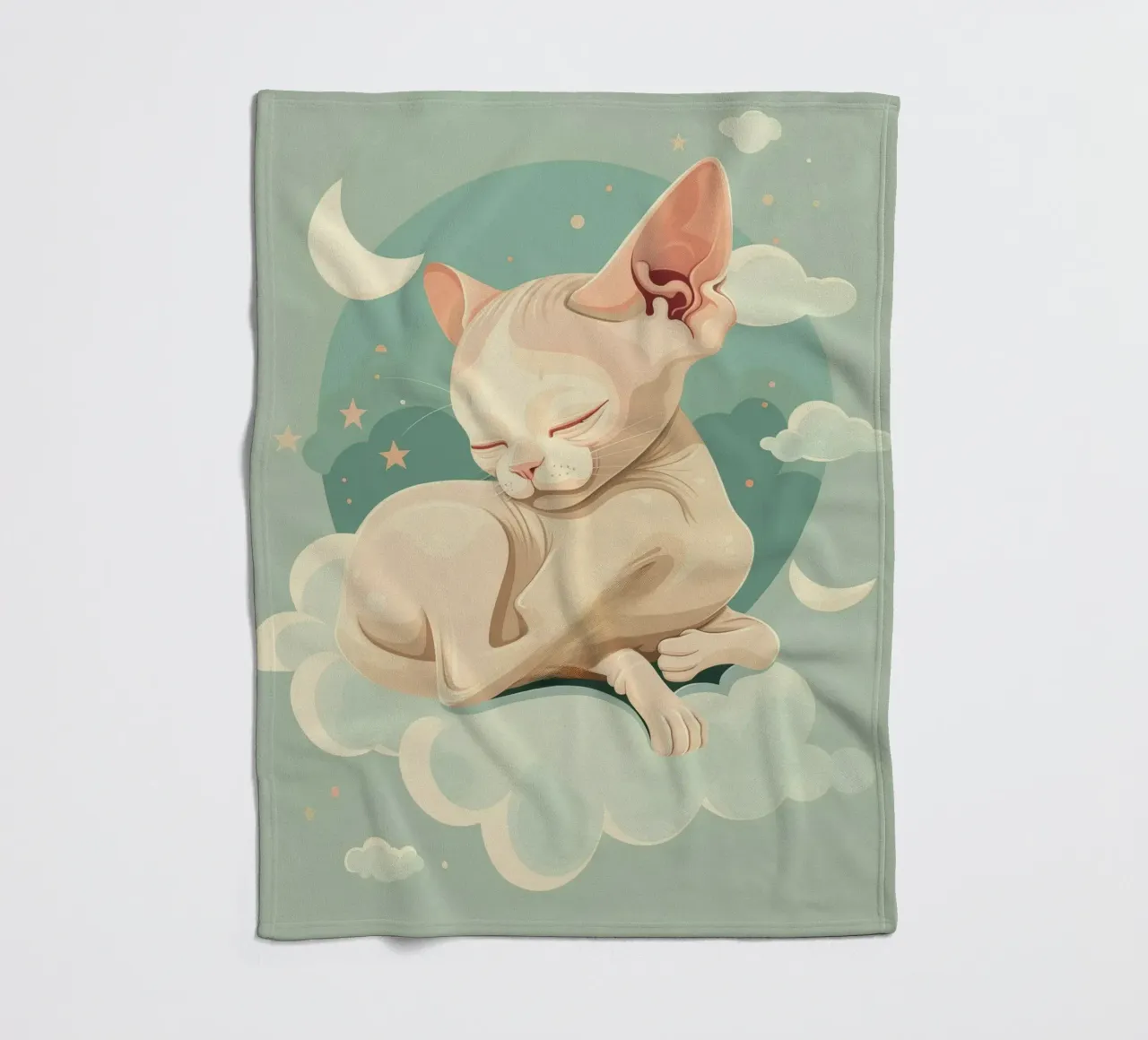 Artistic depiction of relaxed cat resting on clouds fleece blanket by DesignDoodle