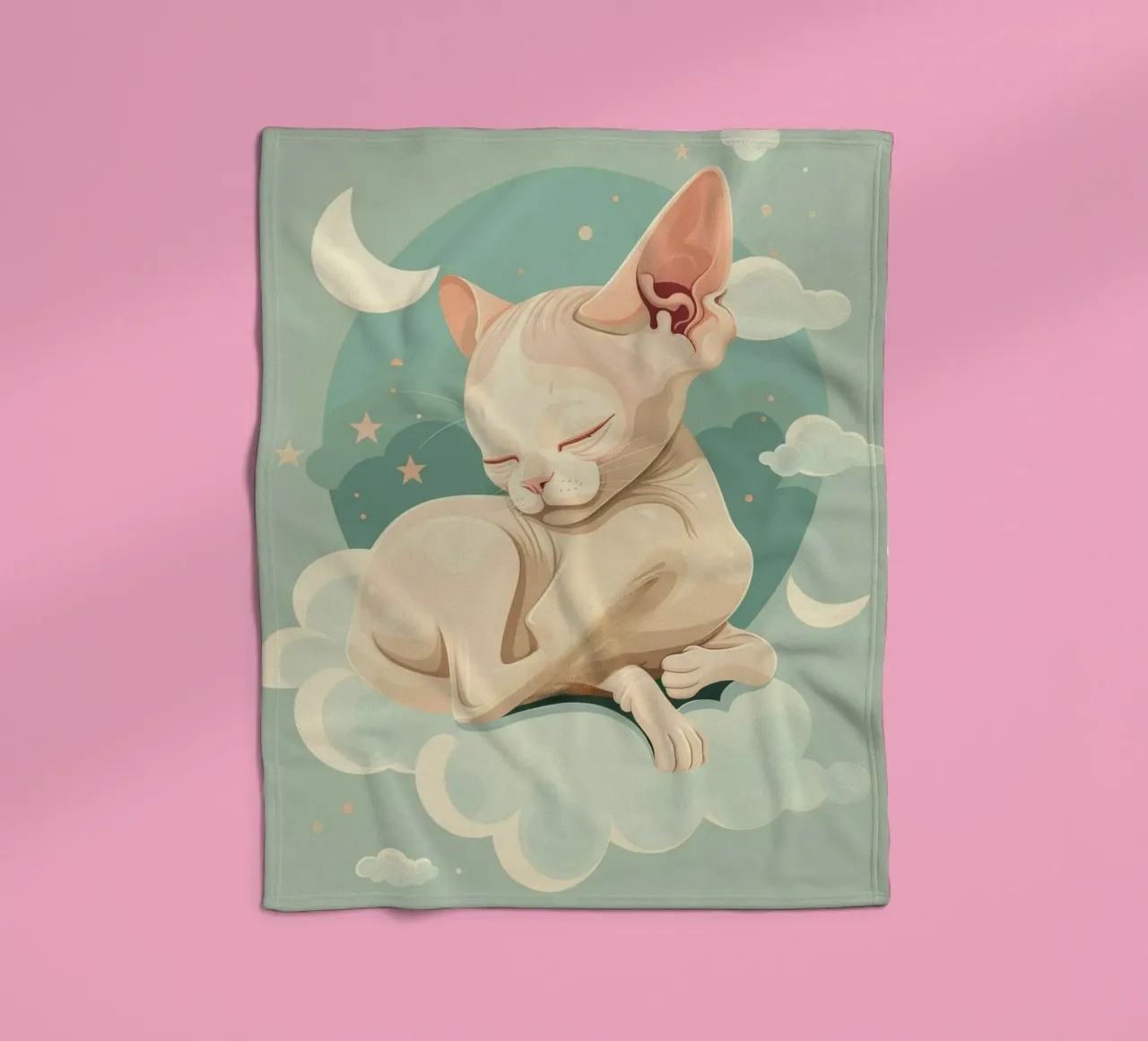 Artistic depiction of relaxed cat resting on clouds fleece blanket by DesignDoodle