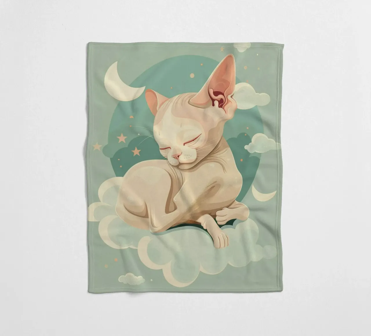 Artistic depiction of relaxed cat resting on clouds fleece blanket by DesignDoodle