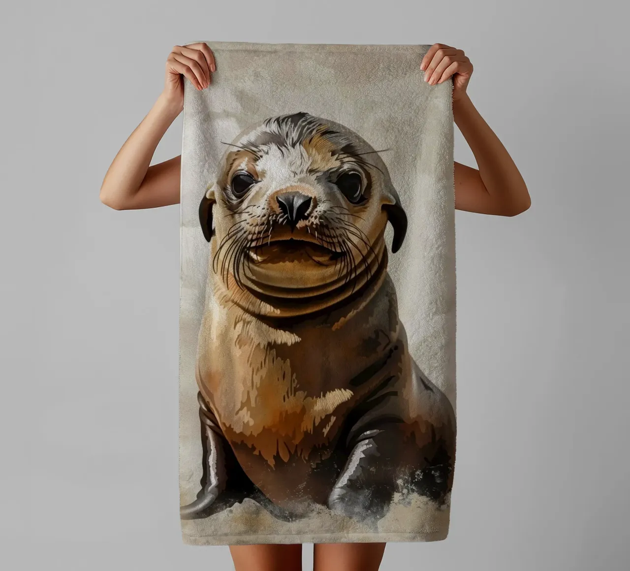 Adorabile giovane foca che riposa su una spiaggia sabbiosa vicino all'oceano asciugamano da bagno da DesignDoodle