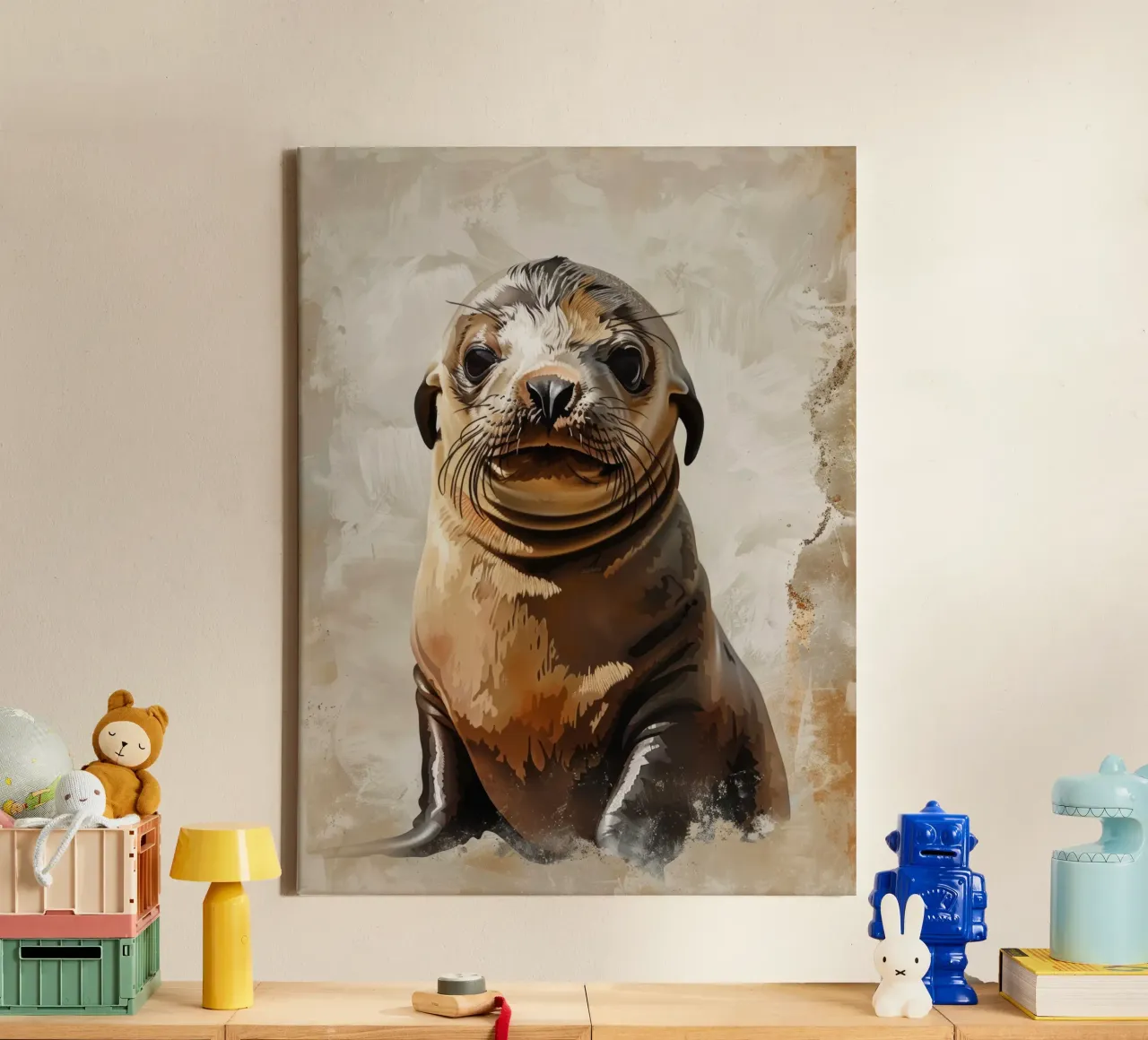Adorable young seal resting on a sandy shore near the ocean canvas by DesignDoodle