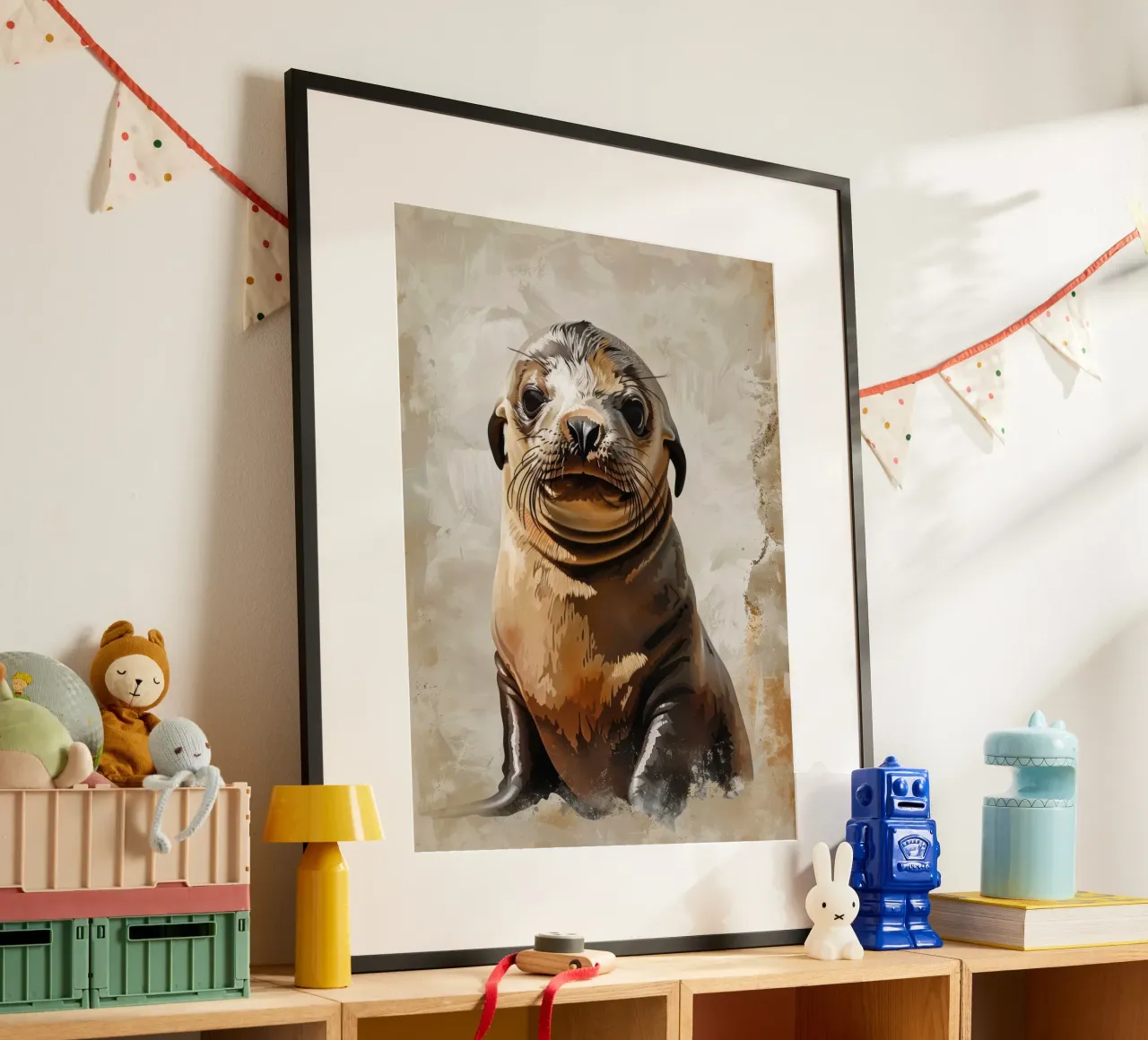 Adorabile giovane foca che riposa su una spiaggia sabbiosa vicino all'oceano carta hahnemühle da DesignDoodle