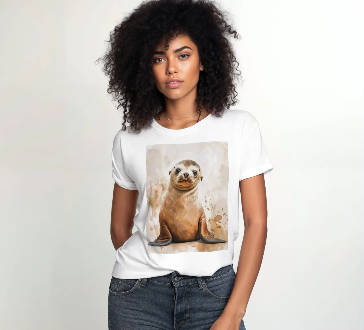Mignon bébé phoque se reposant sur un rivage sablonneux avec une douce aquarelle t-shirt ajusté pour femmes de DesignDoodle