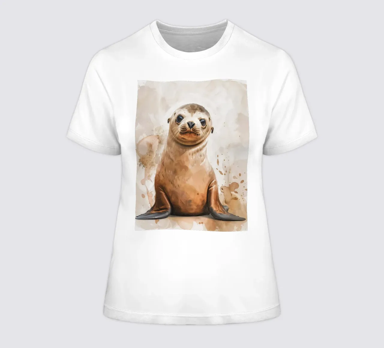 Mignon bébé phoque se reposant sur un rivage sablonneux avec une douce aquarelle t-shirt ajusté pour femmes de DesignDoodle