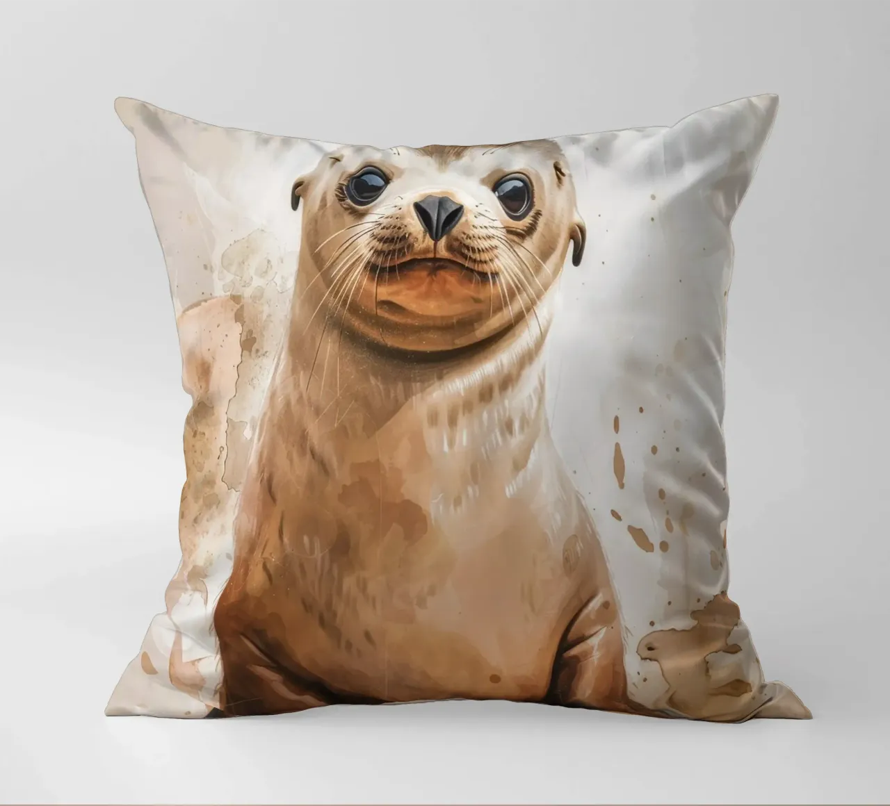 Mignon bébé phoque se reposant sur un rivage sablonneux avec une douce aquarelle coussin de DesignDoodle