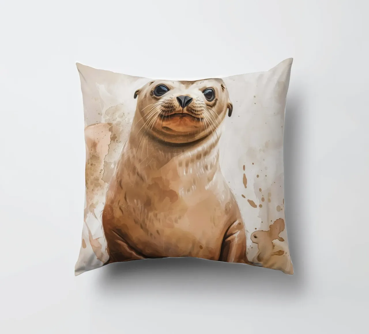Mignon bébé phoque se reposant sur un rivage sablonneux avec une douce aquarelle coussin de DesignDoodle
