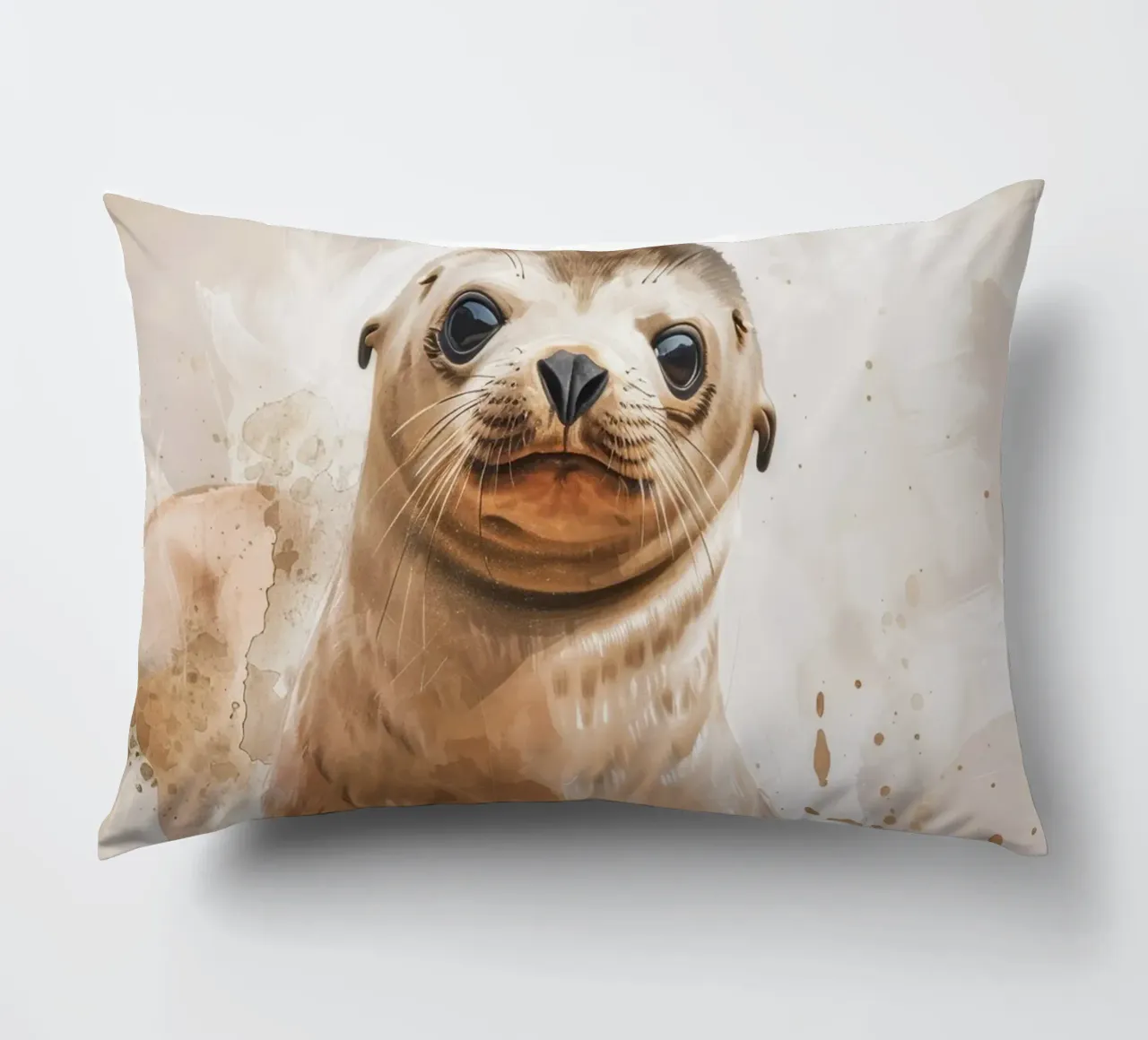 Mignon bébé phoque se reposant sur un rivage sablonneux avec une douce aquarelle coussin de DesignDoodle
