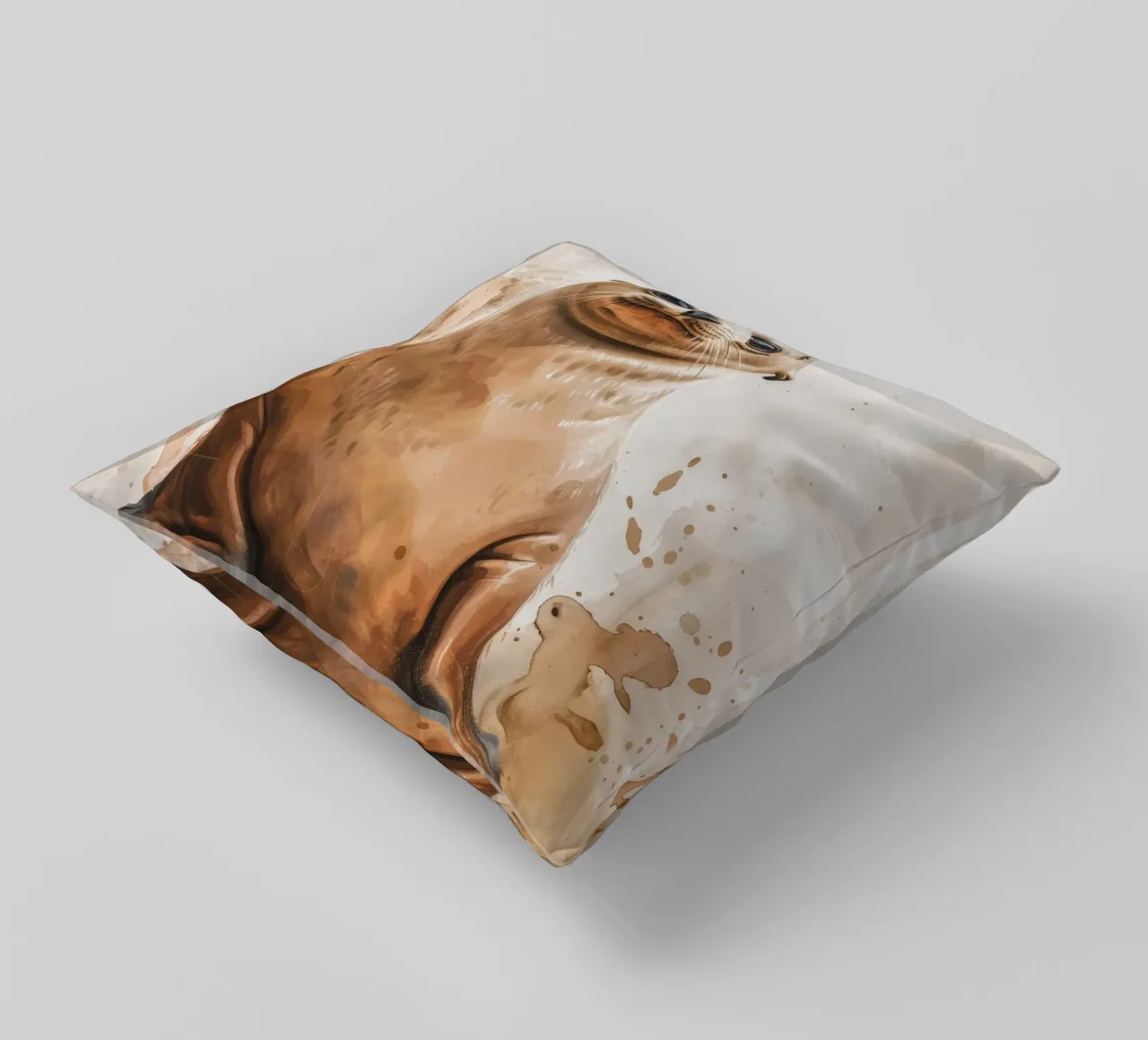 Mignon bébé phoque se reposant sur un rivage sablonneux avec une douce aquarelle coussin de DesignDoodle