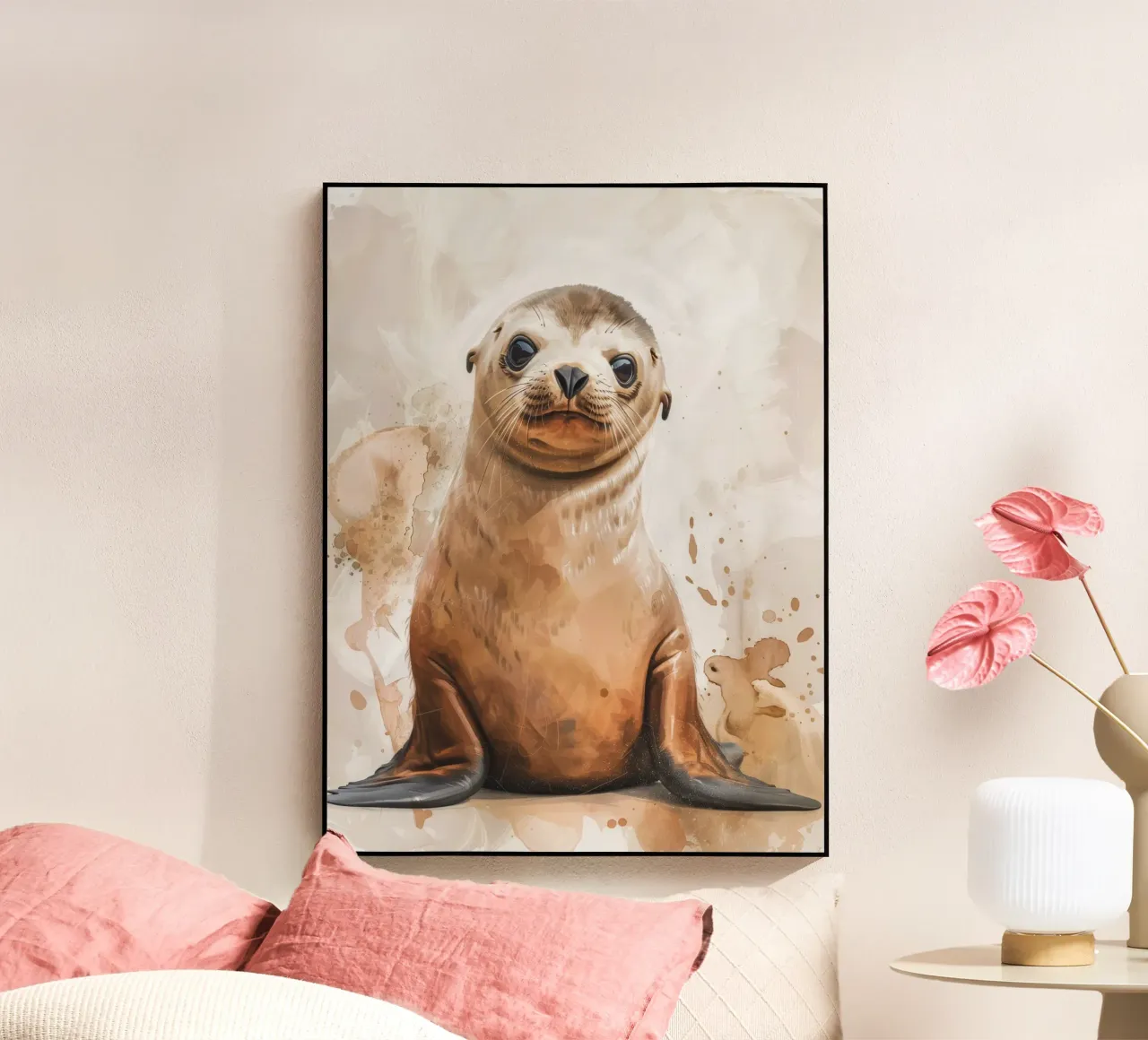 Mignon bébé phoque se reposant sur un rivage sablonneux avec une douce aquarelle plexiglas de DesignDoodle