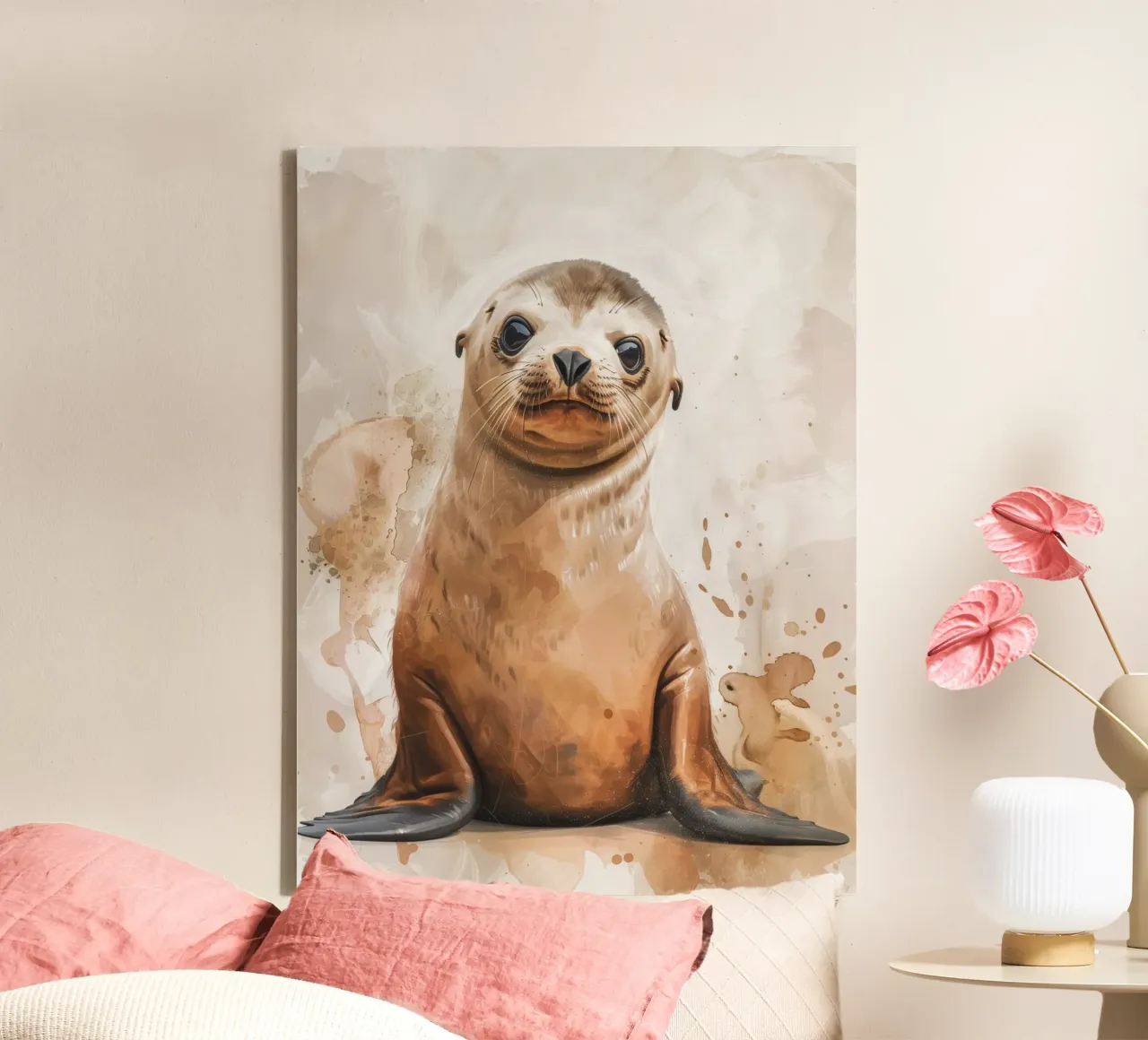 Mignon bébé phoque se reposant sur un rivage sablonneux avec une douce aquarelle toile de DesignDoodle