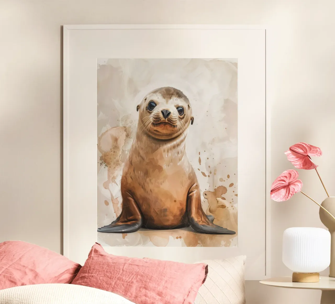 Mignon bébé phoque se reposant sur un rivage sablonneux avec une douce aquarelle poster avec cadre en aluminium de DesignDoodle