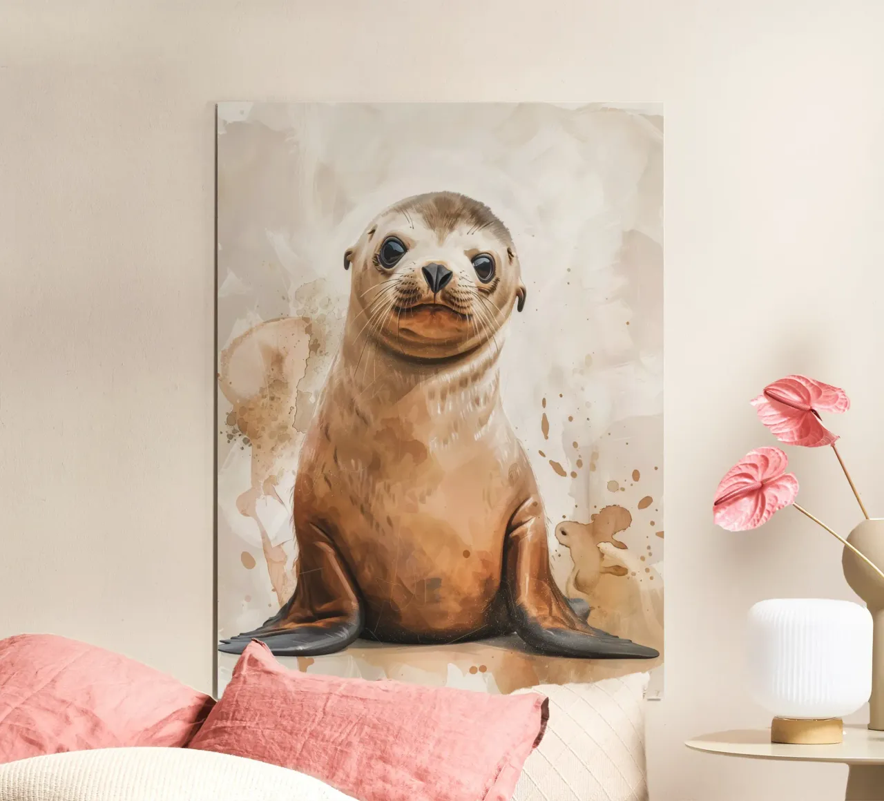 Mignon bébé phoque se reposant sur un rivage sablonneux avec une douce aquarelle poster avec cadre en aluminium de DesignDoodle