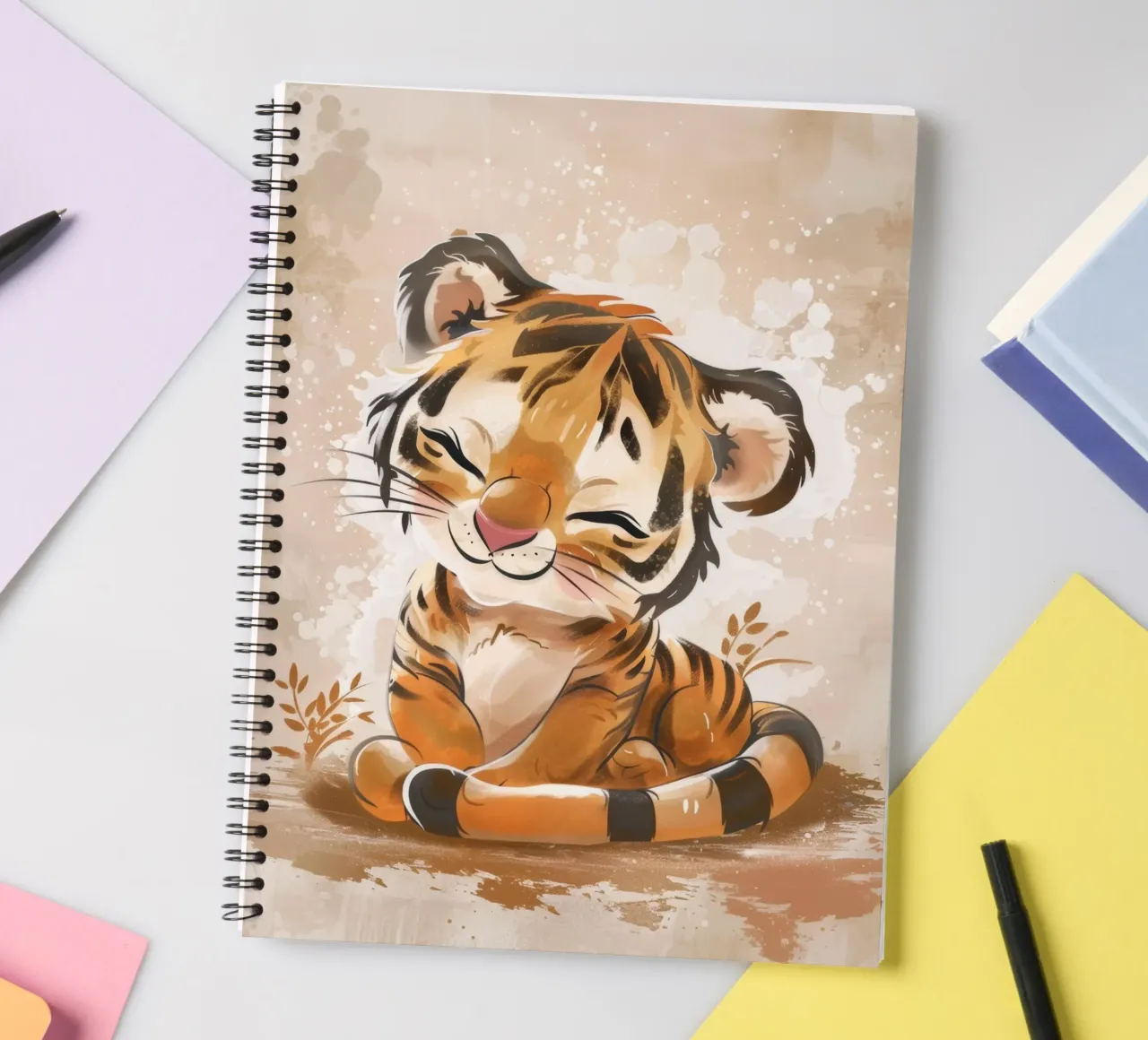 Charming cute tiger cub smiling with playful acts spiral notebook by DesignDoodle