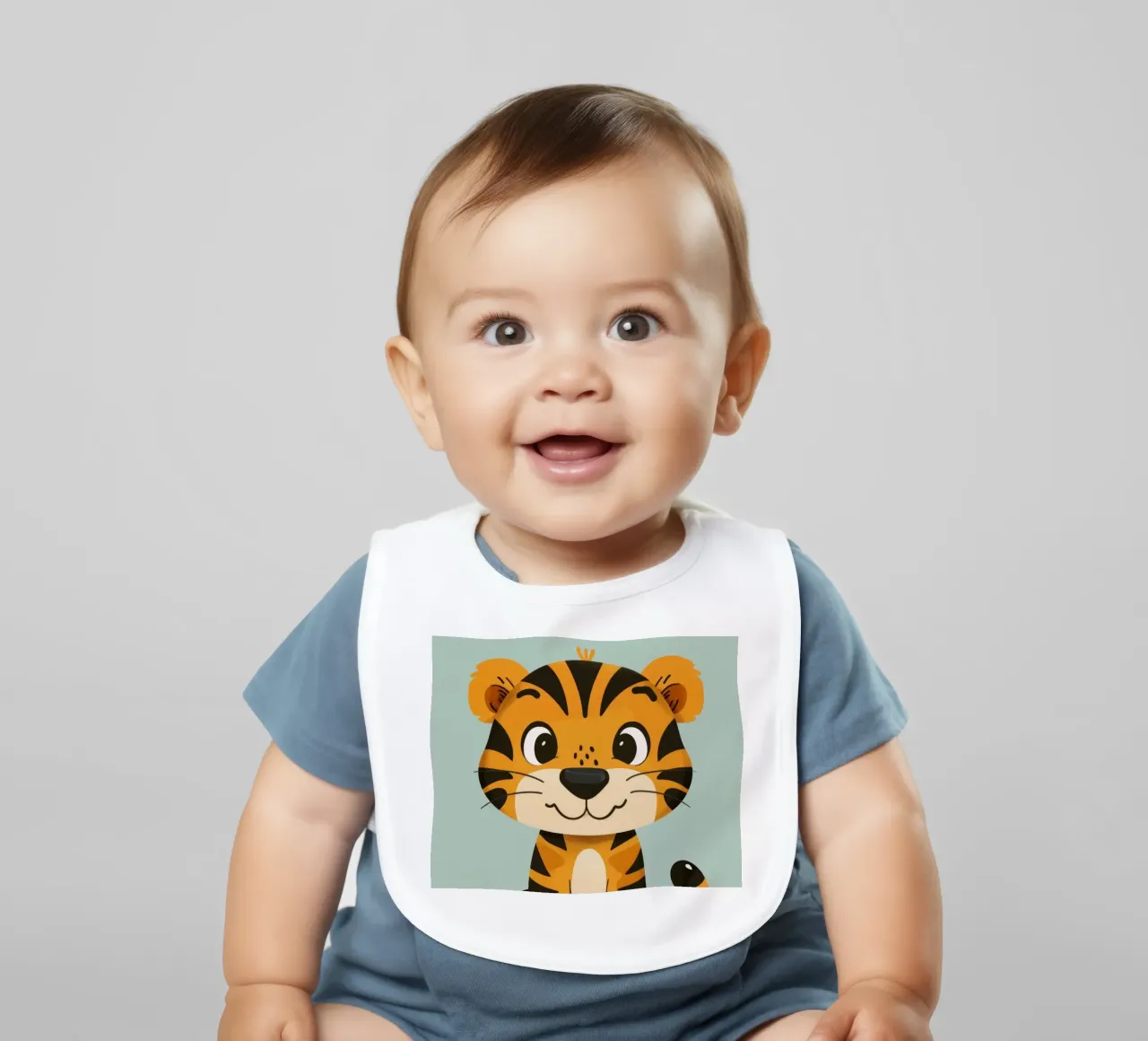 Simpatica tigre dei cartoni animati con espressione amichevole su sfondo verde lime bavaglino da DesignDoodle