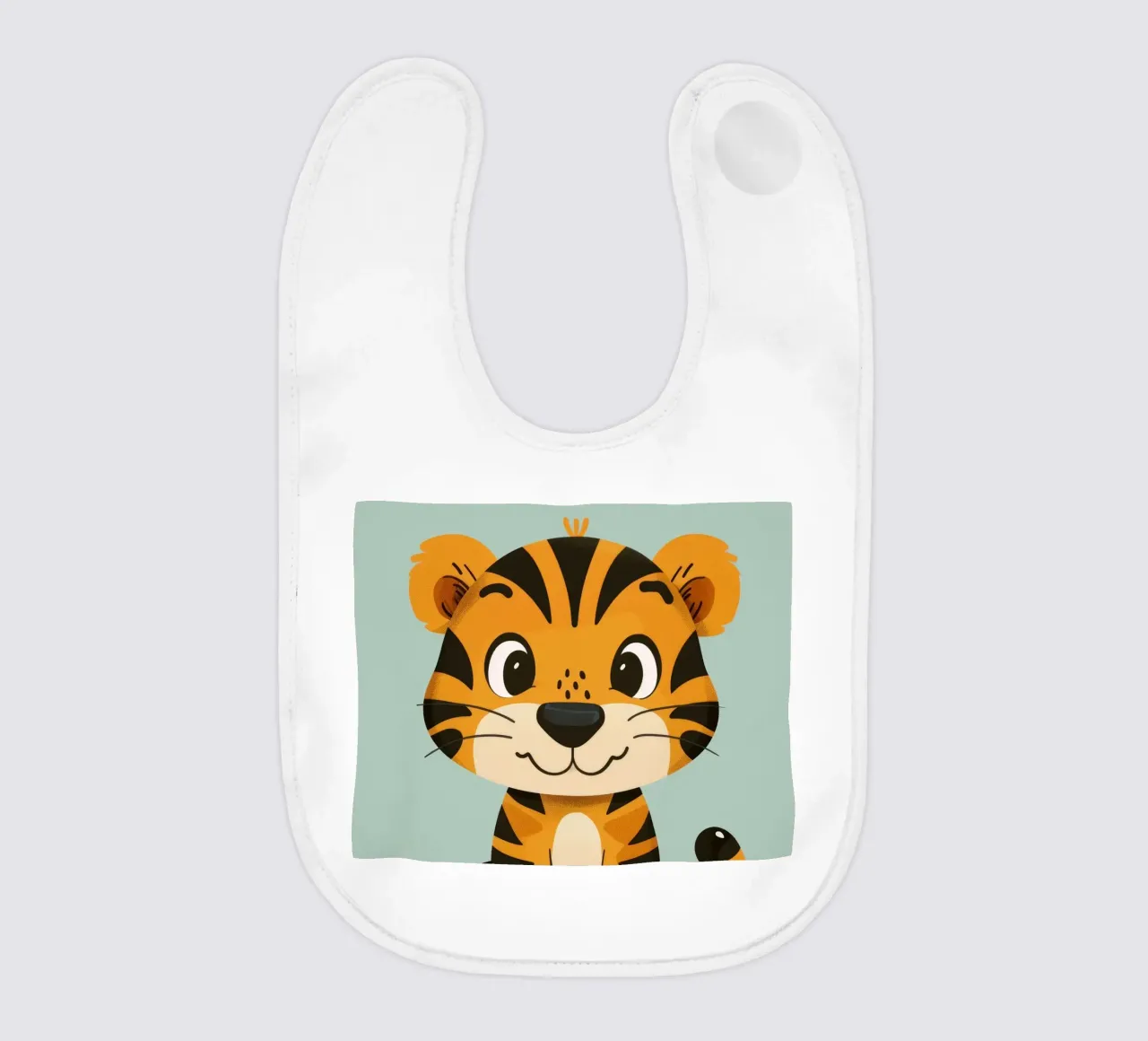 Simpatica tigre dei cartoni animati con espressione amichevole su sfondo verde lime bavaglino da DesignDoodle