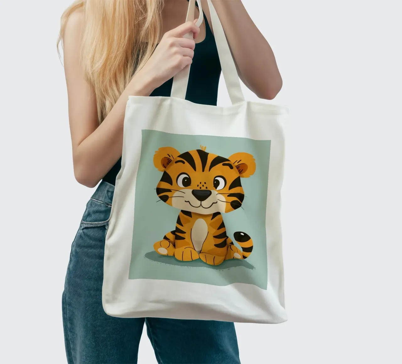 Simpatica tigre dei cartoni animati con espressione amichevole su sfondo verde lime borsa in juta da DesignDoodle