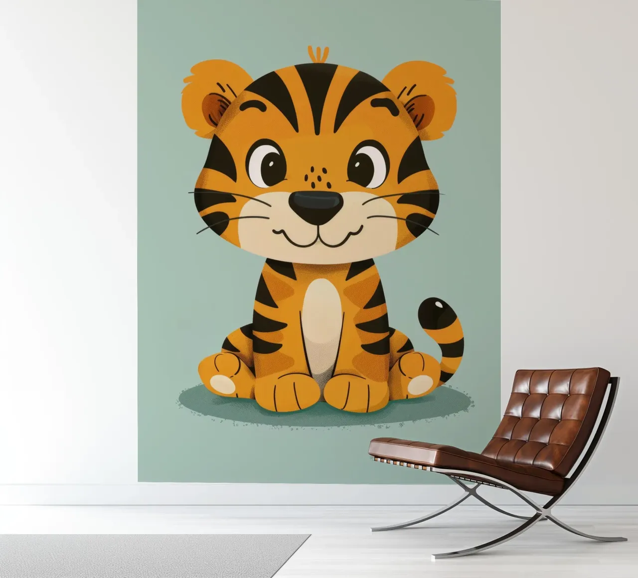 Cute cartoon tiger with friendly expression on lime green photo wallpaper by DesignDoodle