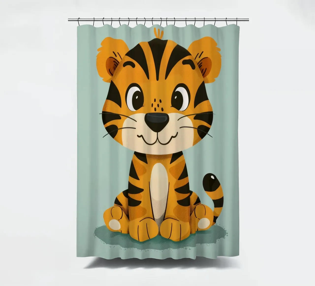 Simpatica tigre dei cartoni animati con espressione amichevole su sfondo verde lime tenda da doccia da DesignDoodle