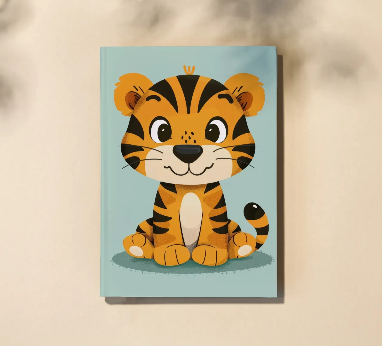 Mignon tigre de dessin animé à l'expression amicale sur fond vert lime carnet de notes de DesignDoodle