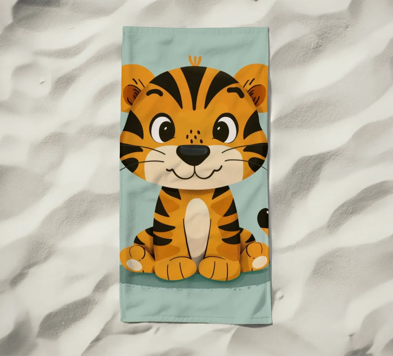 Simpatica tigre dei cartoni animati con espressione amichevole su sfondo verde lime telo mare da DesignDoodle