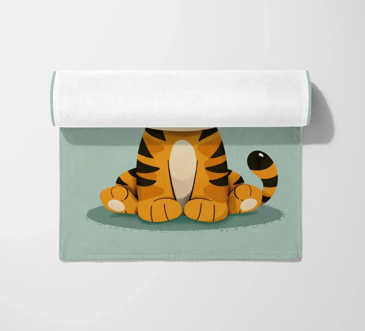 Simpatica tigre dei cartoni animati con espressione amichevole su sfondo verde lime telo mare da DesignDoodle