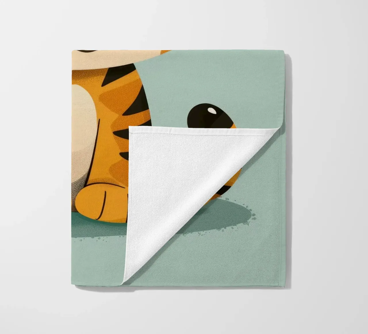 Simpatica tigre dei cartoni animati con espressione amichevole su sfondo verde lime telo mare da DesignDoodle