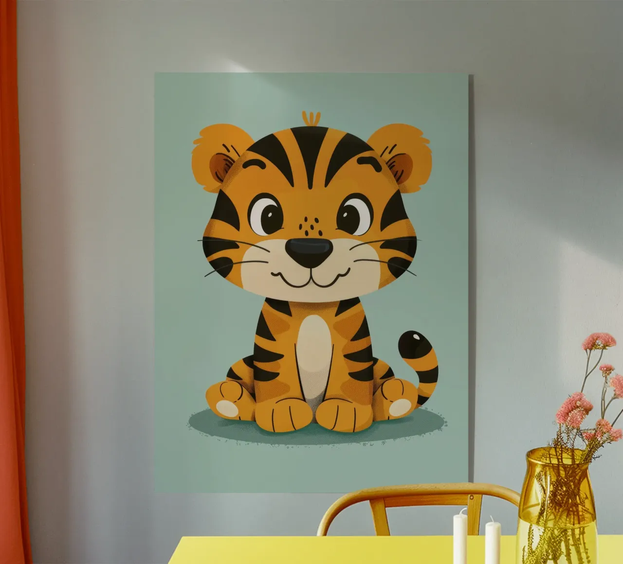 Simpatica tigre dei cartoni animati con espressione amichevole su sfondo verde lime plexiglass da DesignDoodle