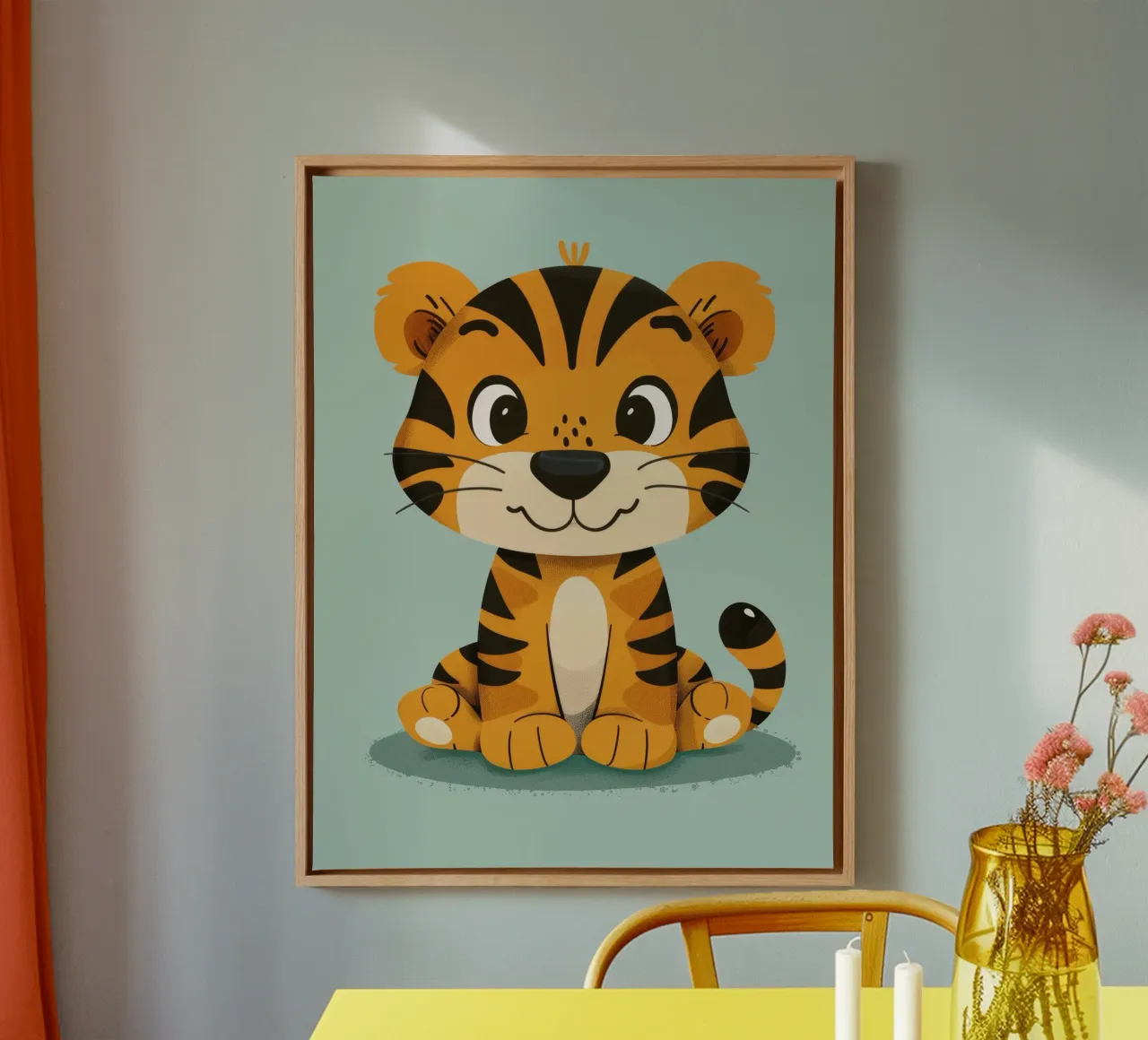 Simpatica tigre dei cartoni animati con espressione amichevole su sfondo verde lime tela da DesignDoodle