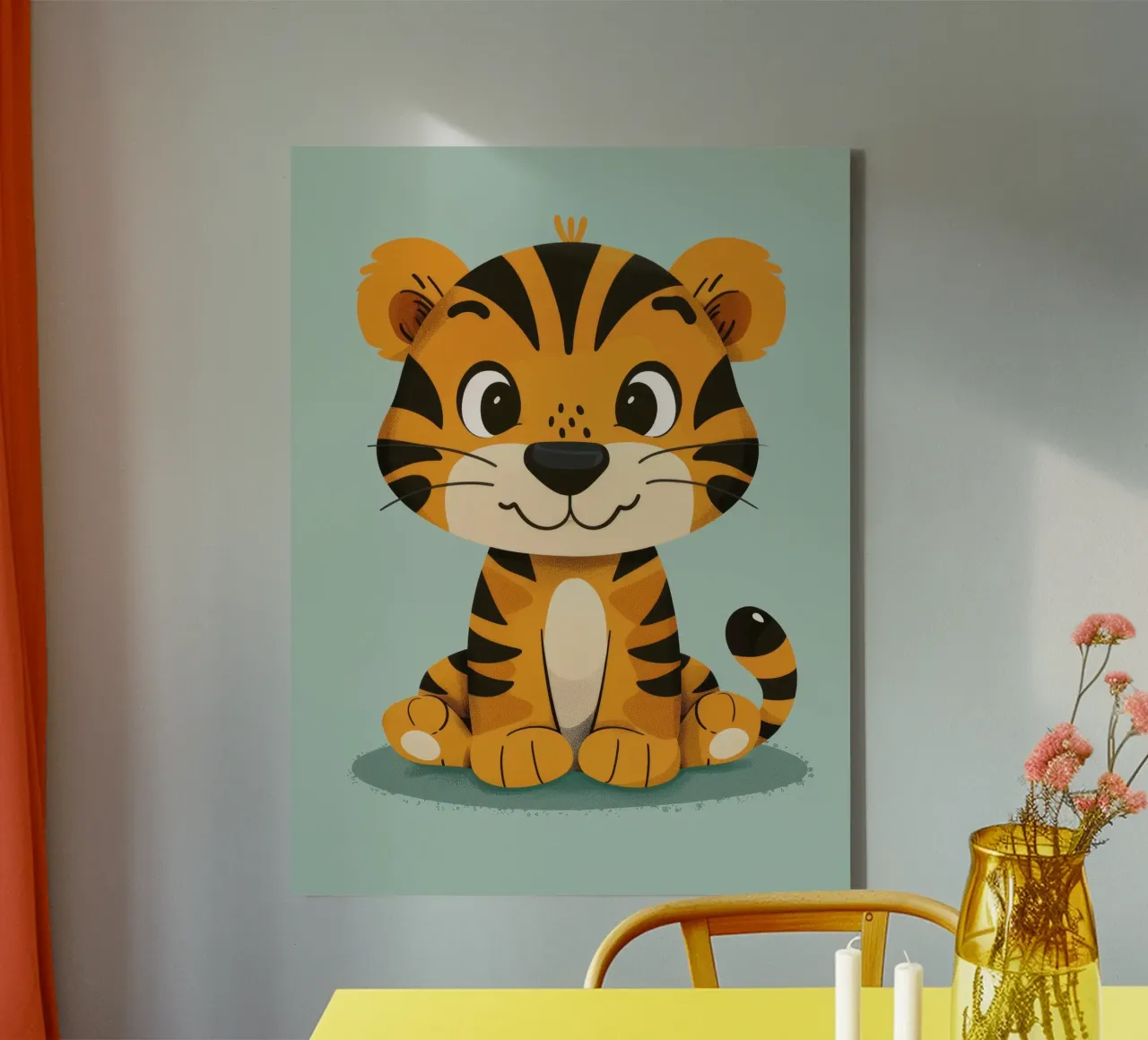 Simpatica tigre dei cartoni animati con espressione amichevole su sfondo verde lime tela da DesignDoodle