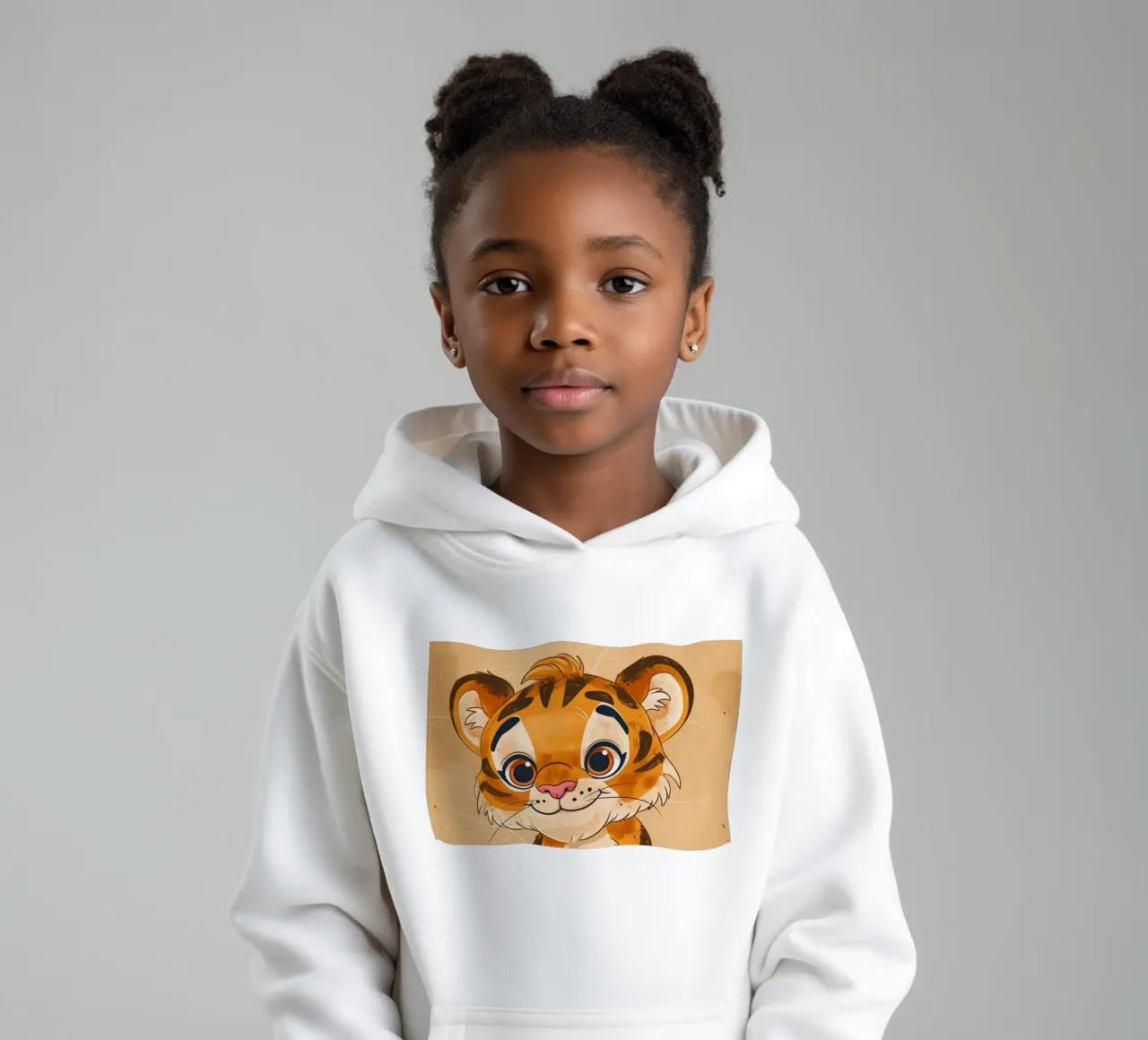 Simpatica tigre dei cartoni animati con occhi grandi e sguardo giocoso felpa bambino con cappuccio da DesignDoodle