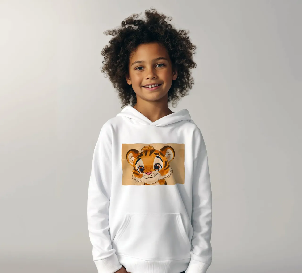 Simpatica tigre dei cartoni animati con occhi grandi e sguardo giocoso felpa bambino con cappuccio da DesignDoodle