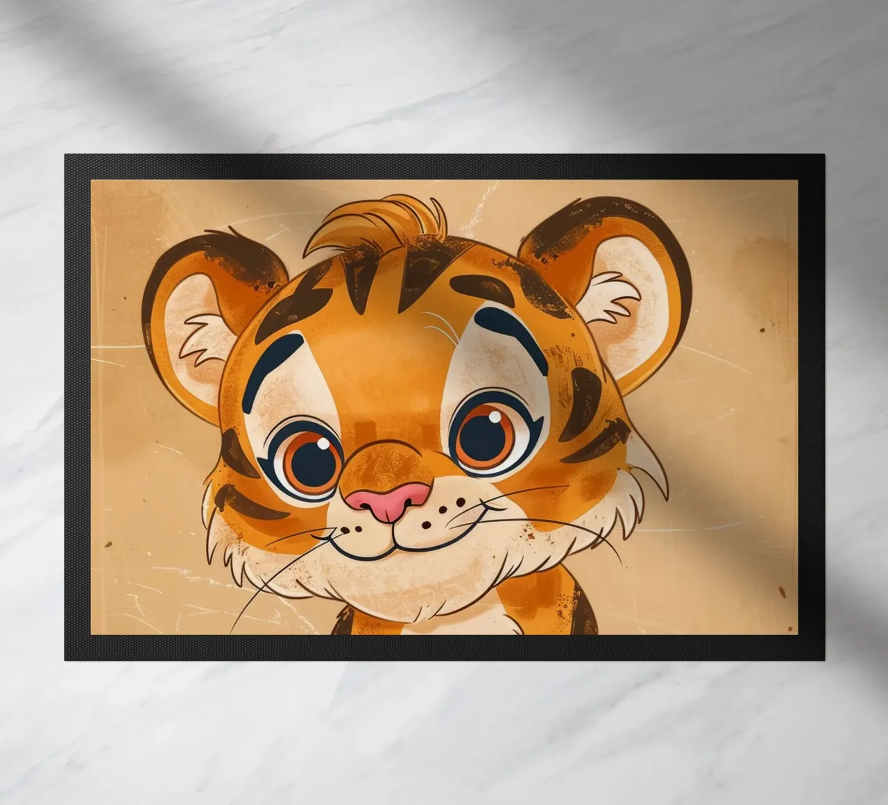 Simpatica tigre dei cartoni animati con occhi grandi e sguardo giocoso zerbino da DesignDoodle